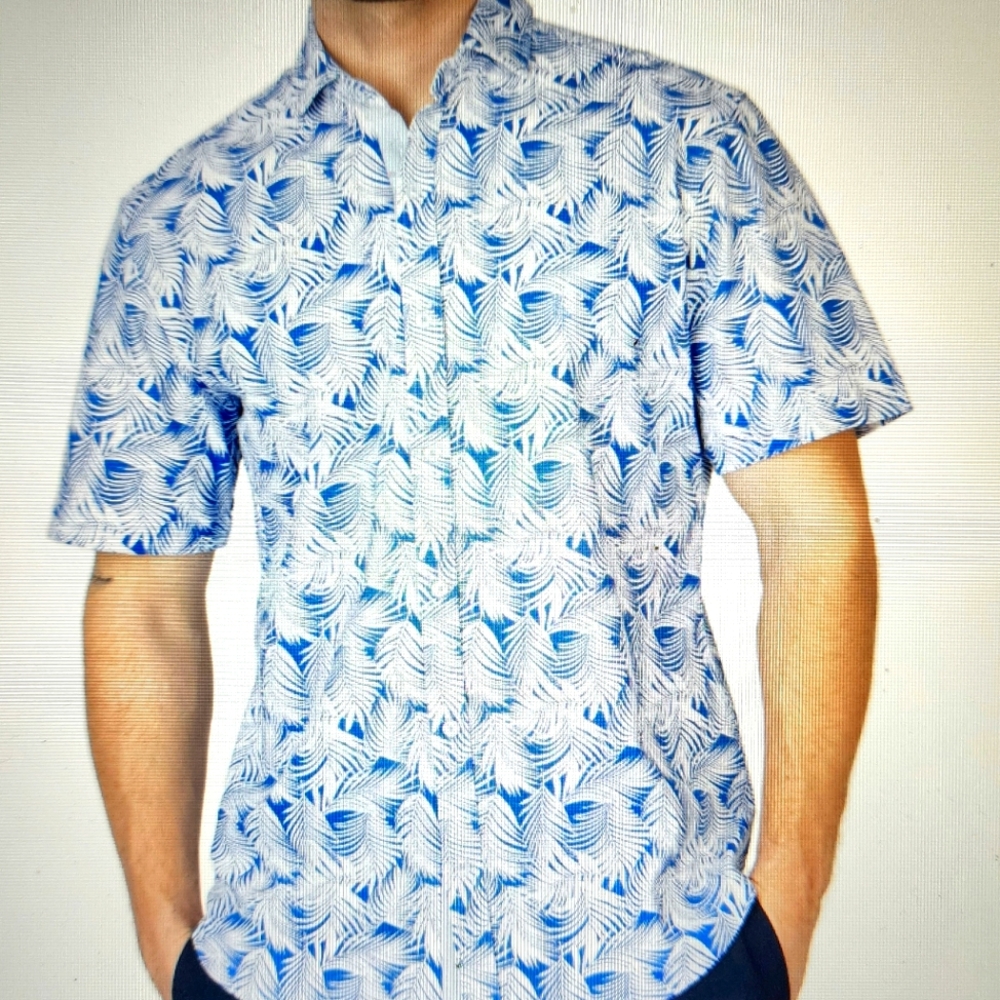 Tailorbyrd Blue & White Tropical Knit Short Sleeve Shirt  size XL  NWT